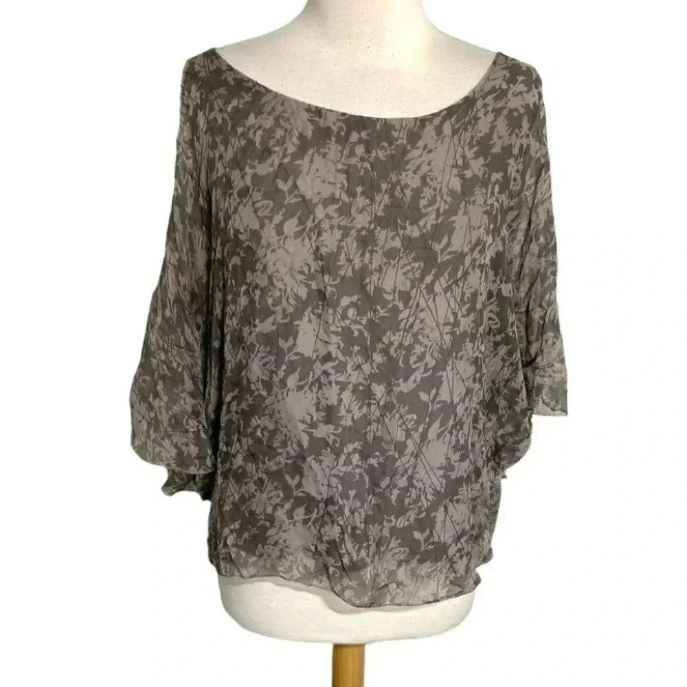 Piazza Roma S brown floral Italian silk print dolman sleeve top